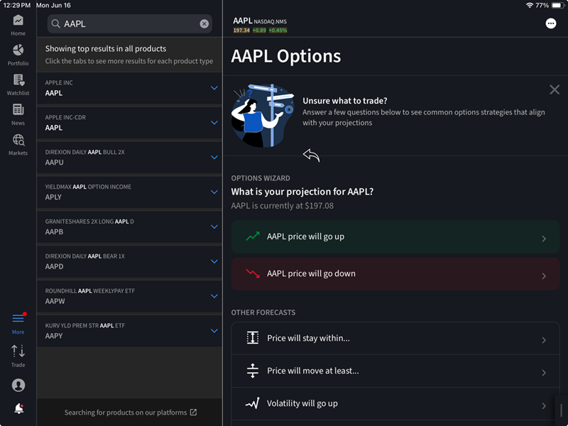 The options wizard select forecast screen on the iPad